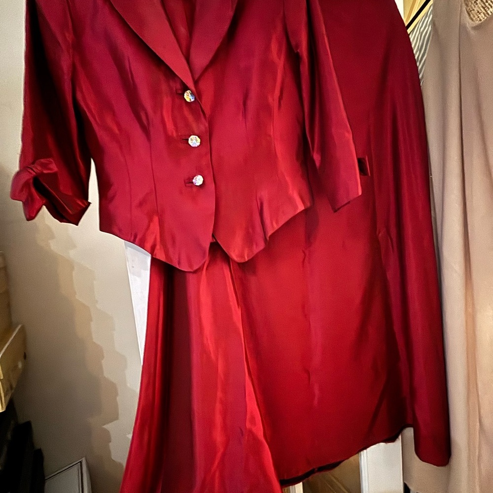 JS Collections Vibrant Red/Burgundy Satin Jacket with Skirt